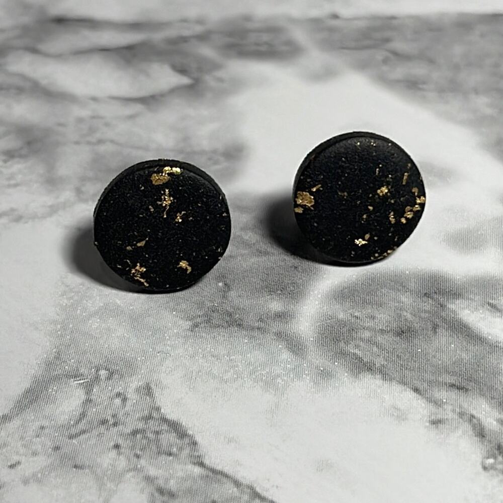 Handcrafted Circle Black W/ Gold Flakes Hypoallergenic Post Stud Earrings NWOT